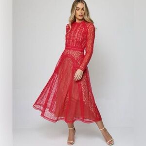 Chic Long Sleeve Red Lace Dress